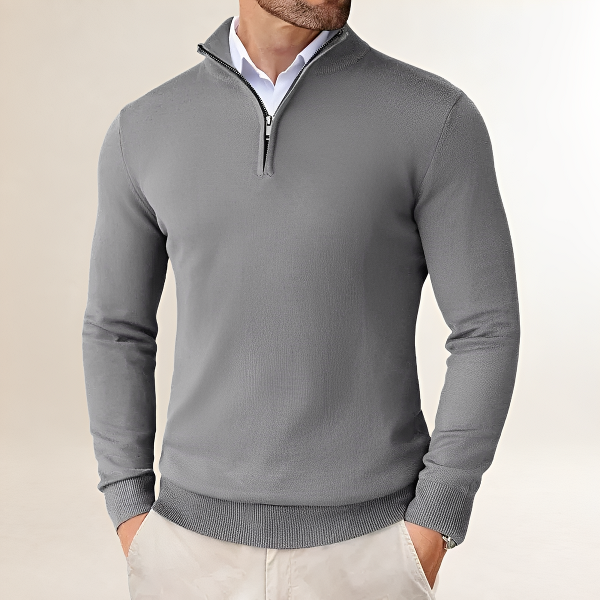Herren Pullover mit Halb-Reißverschluss - Klassischer Schnitt mit Rippbündchen