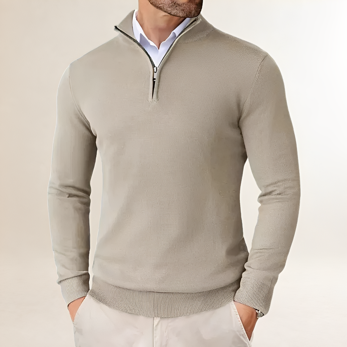 Herren Pullover mit Halb-Reißverschluss - Klassischer Schnitt mit Rippbündchen