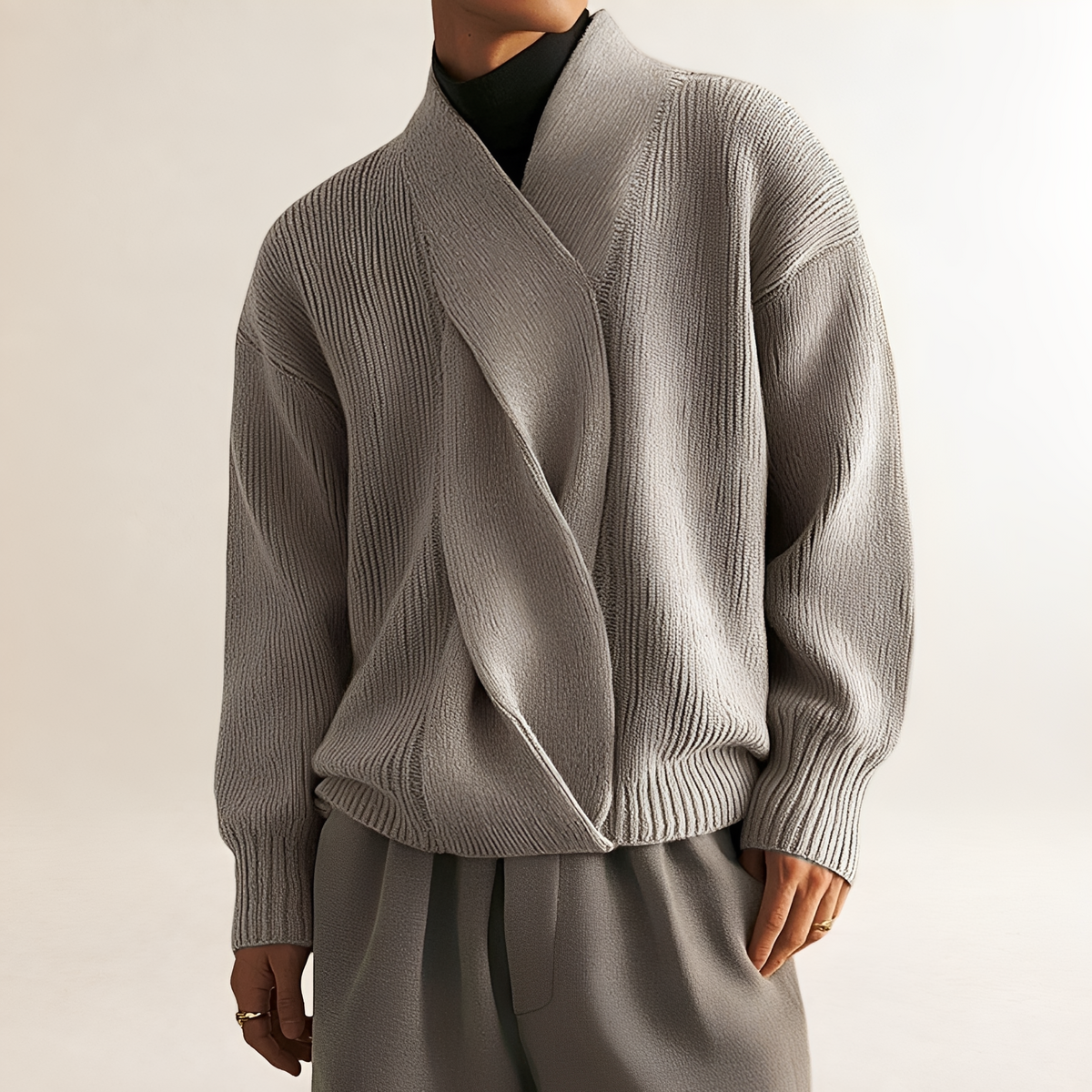 Herren Pullover mit Wickeldesign, Rippstruktur und V-Ausschnitt
