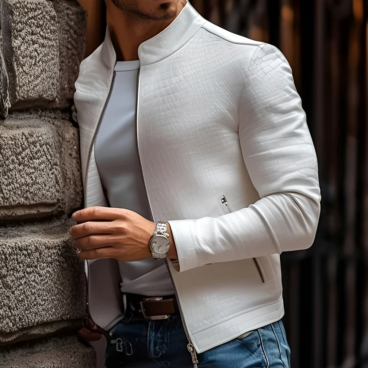 Herren Slim Fit Stehkragen Jacke mit strukturierter Oberfläche und Reißverschluss