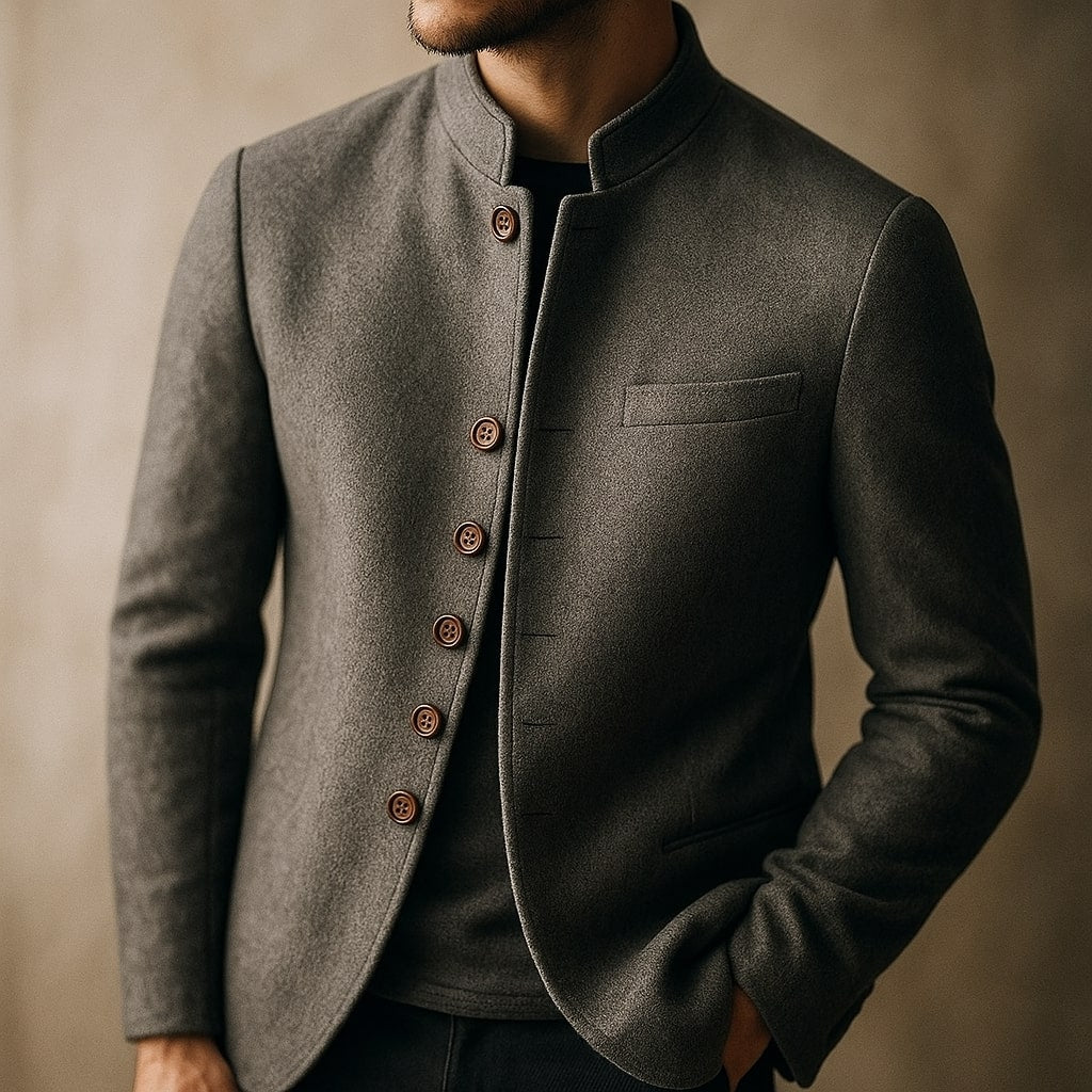 Herren Stehkragenjacke mit Knopfverschluss und Brusttasche