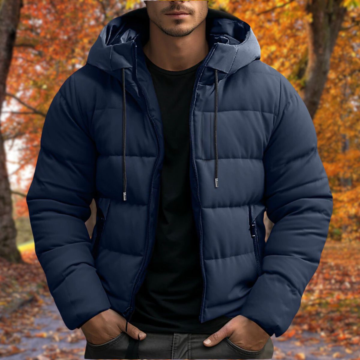 Herren Steppjacke mit Kapuze - Reißverschluss, seitliche Taschen, regulärer Schnitt