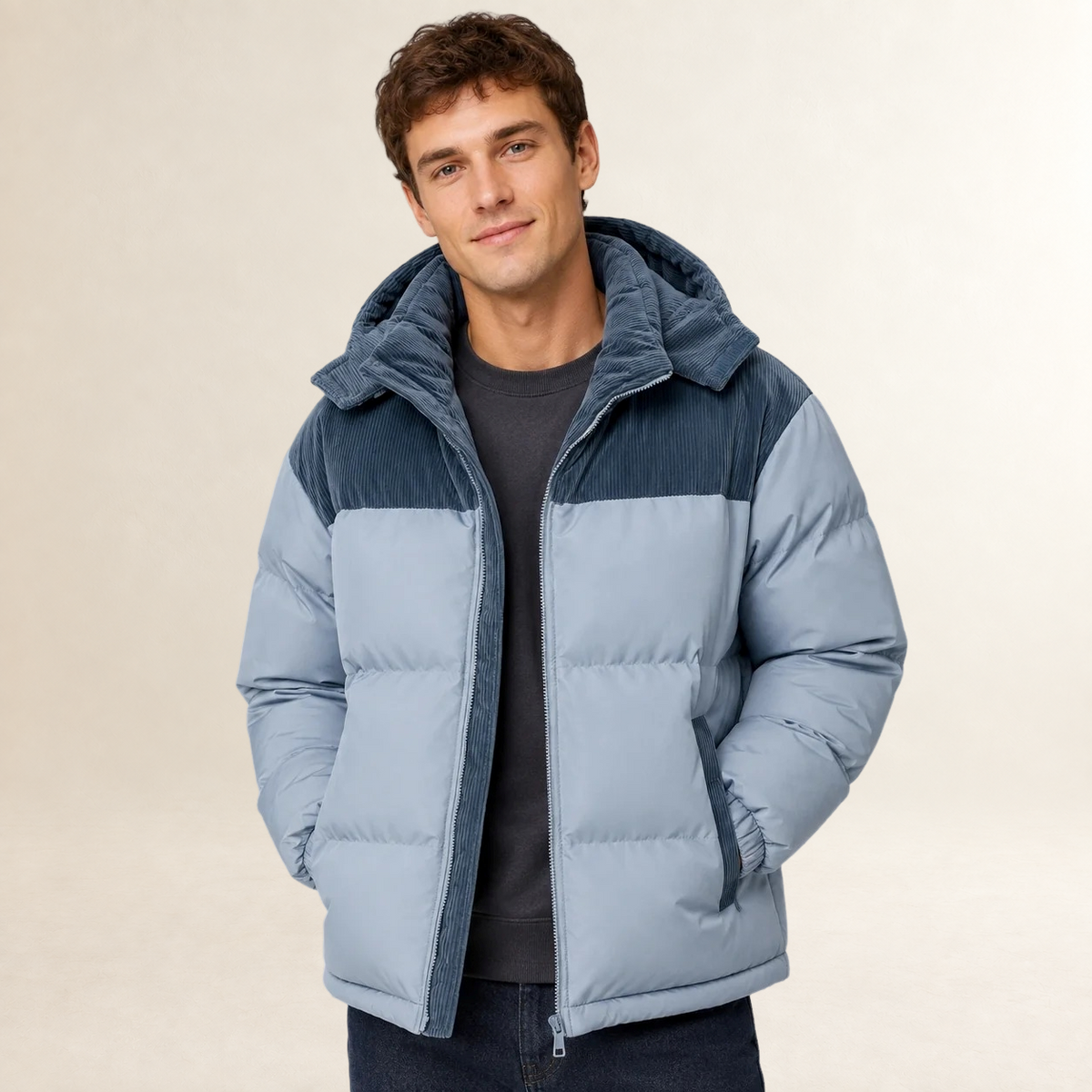 Herren Steppjacke mit Kapuze und Farbblock-Design - Übergröße Schnitt