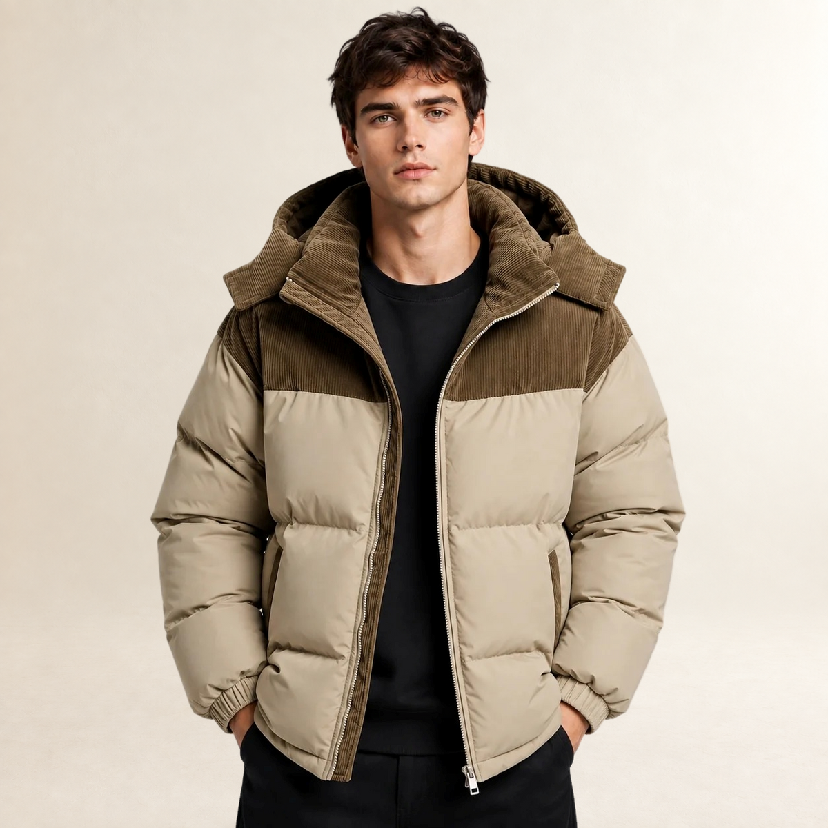Herren Steppjacke mit Kapuze und Farbblock-Design - Übergröße Schnitt
