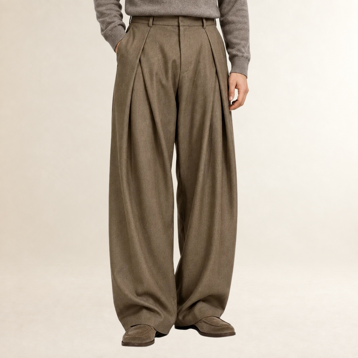 Herren Stoffhose mit hoher Taille und weitem Bein, geknöpfte Frontfalten, lockerer Schnitt