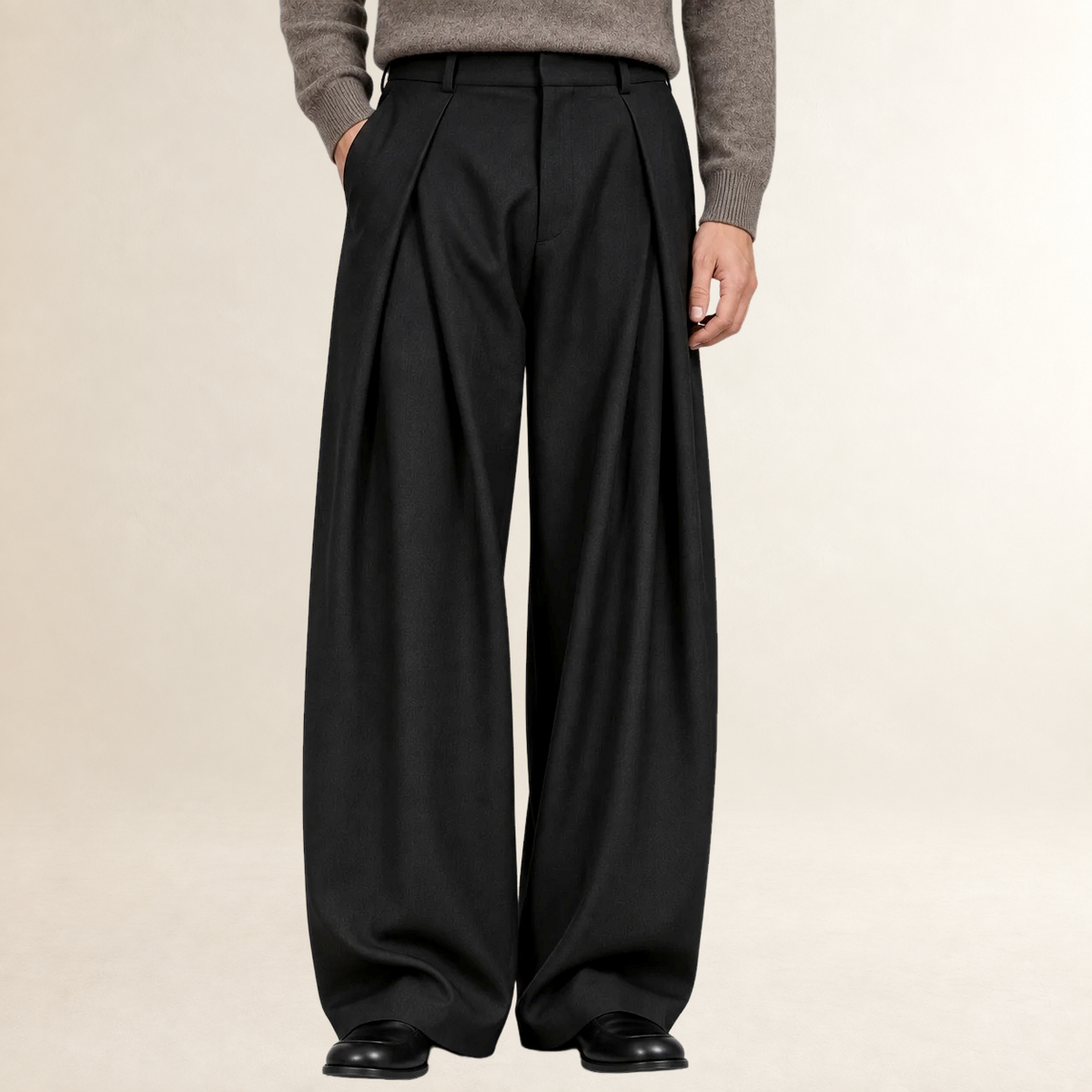 Herren Stoffhose mit hoher Taille und weitem Bein, geknöpfte Frontfalten, lockerer Schnitt