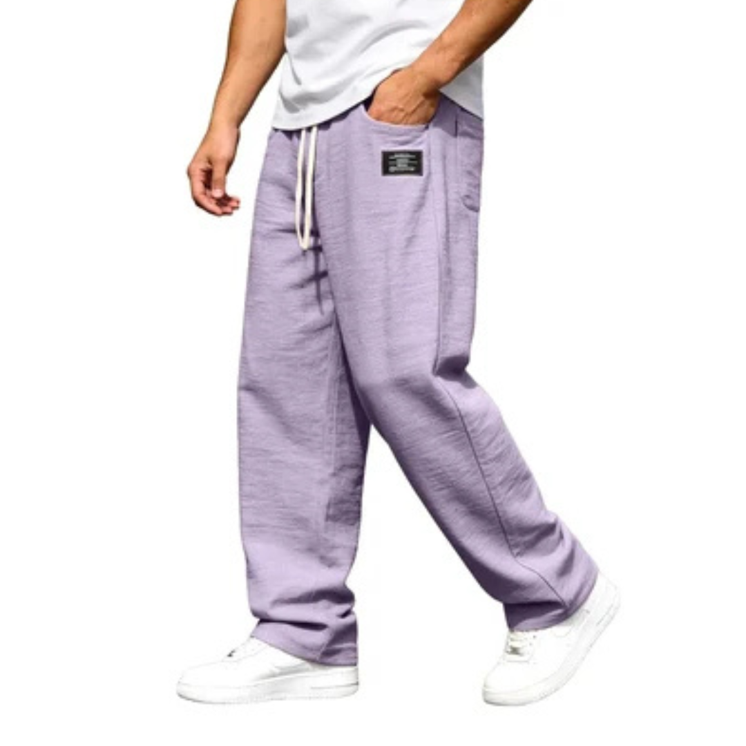 Herren Straight-Leg Pants – elastischer Bund mit Drawstring, seitliche Eingrifftaschen, elastische Taille, gerades Bein, Patch-Detail