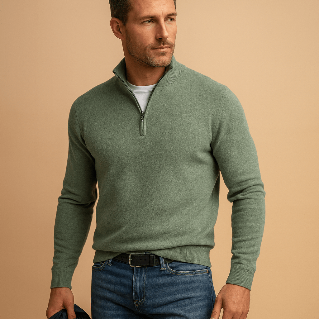Herren Sweater mit halbem Reißverschluss - Mock-Kragen, lange Ärmel, lockere Passform