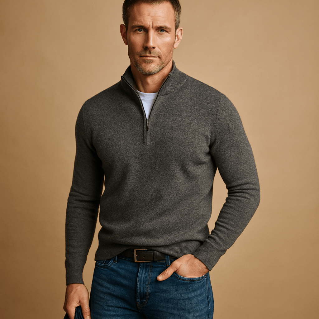 Herren Sweater mit halbem Reißverschluss - Mock-Kragen, lange Ärmel, lockere Passform