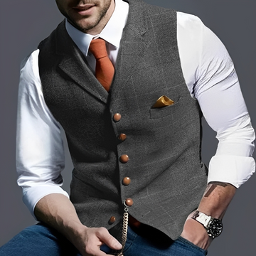 Herren Weste Slim Fit Einreihig Knopf Front Notch-Lapell Windowpane Muster Brusttasche Uhrkette Detail