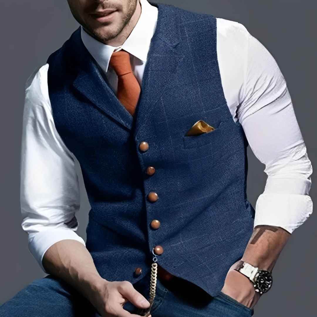 Herren Weste Slim Fit Einreihig Knopf Front Notch-Lapell Windowpane Muster Brusttasche Uhrkette Detail