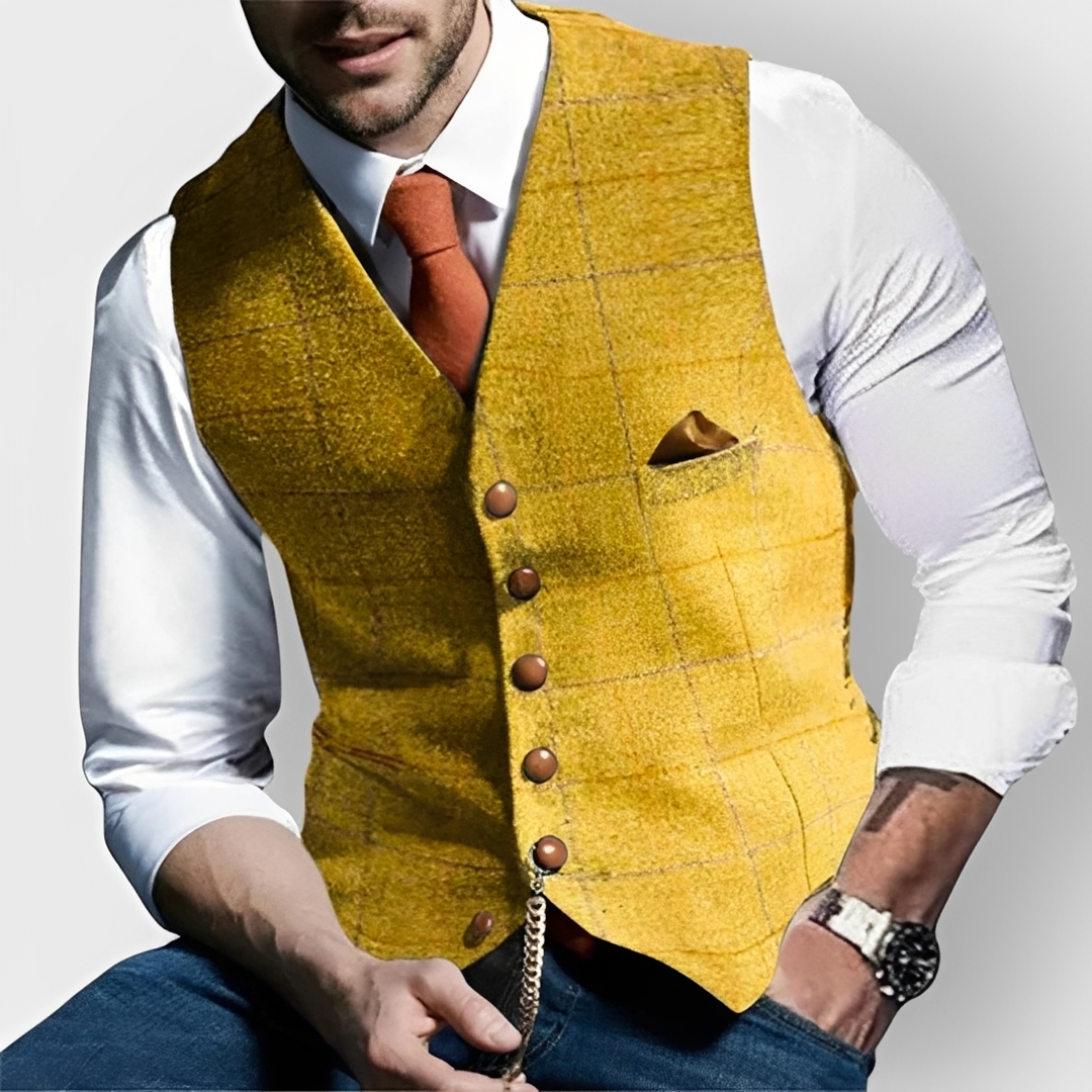 Herren Weste Slim Fit Einreihig Knopf Front Notch-Lapell Windowpane Muster Brusttasche Uhrkette Detail