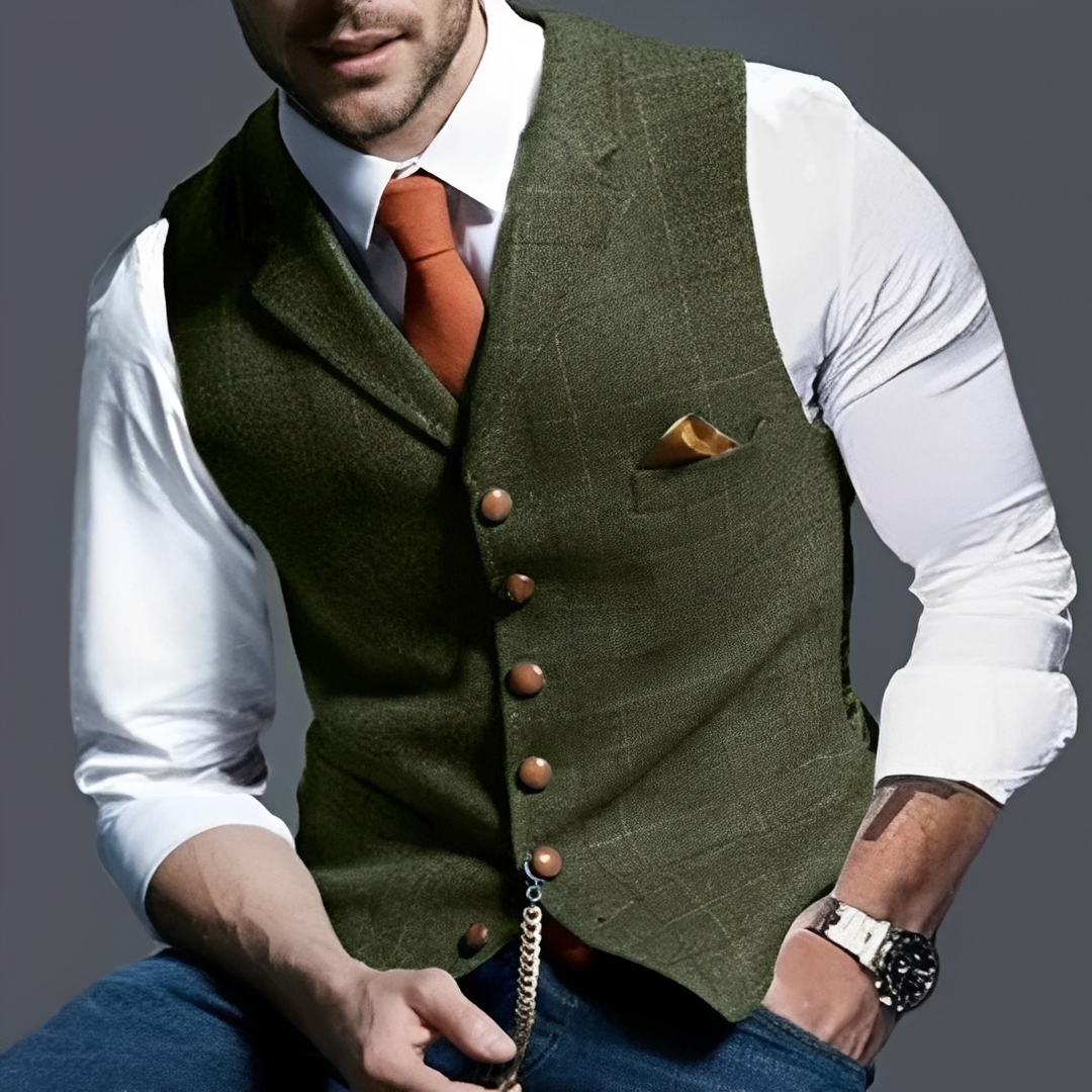 Herren Weste Slim Fit Einreihig Knopf Front Notch-Lapell Windowpane Muster Brusttasche Uhrkette Detail