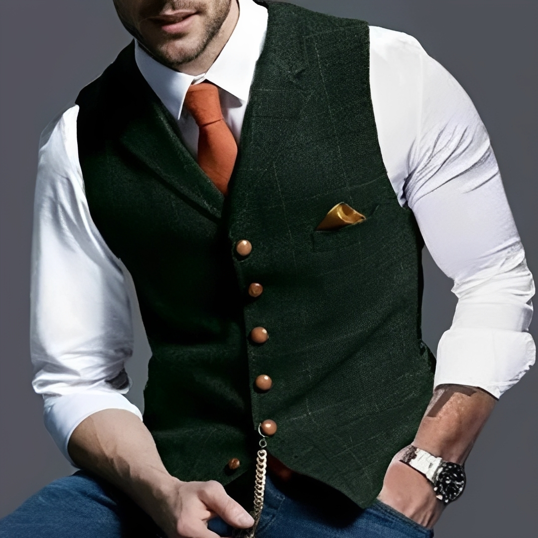 Herren Weste Slim Fit Einreihig Knopf Front Notch-Lapell Windowpane Muster Brusttasche Uhrkette Detail