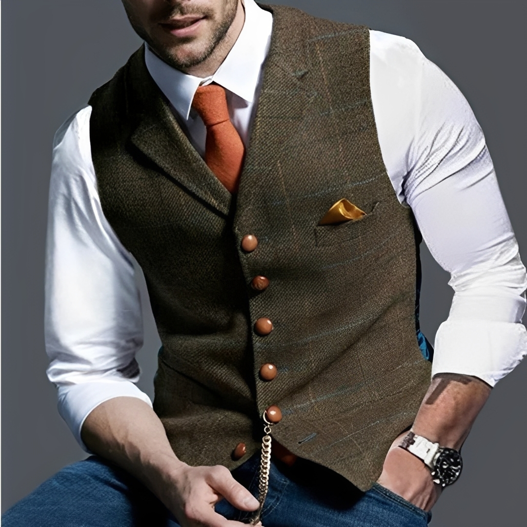 Herren Weste Slim Fit Einreihig Knopf Front Notch-Lapell Windowpane Muster Brusttasche Uhrkette Detail