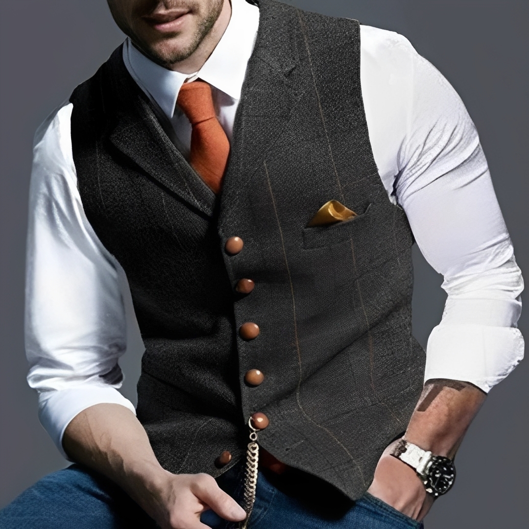 Herren Weste Slim Fit Einreihig Knopf Front Notch-Lapell Windowpane Muster Brusttasche Uhrkette Detail