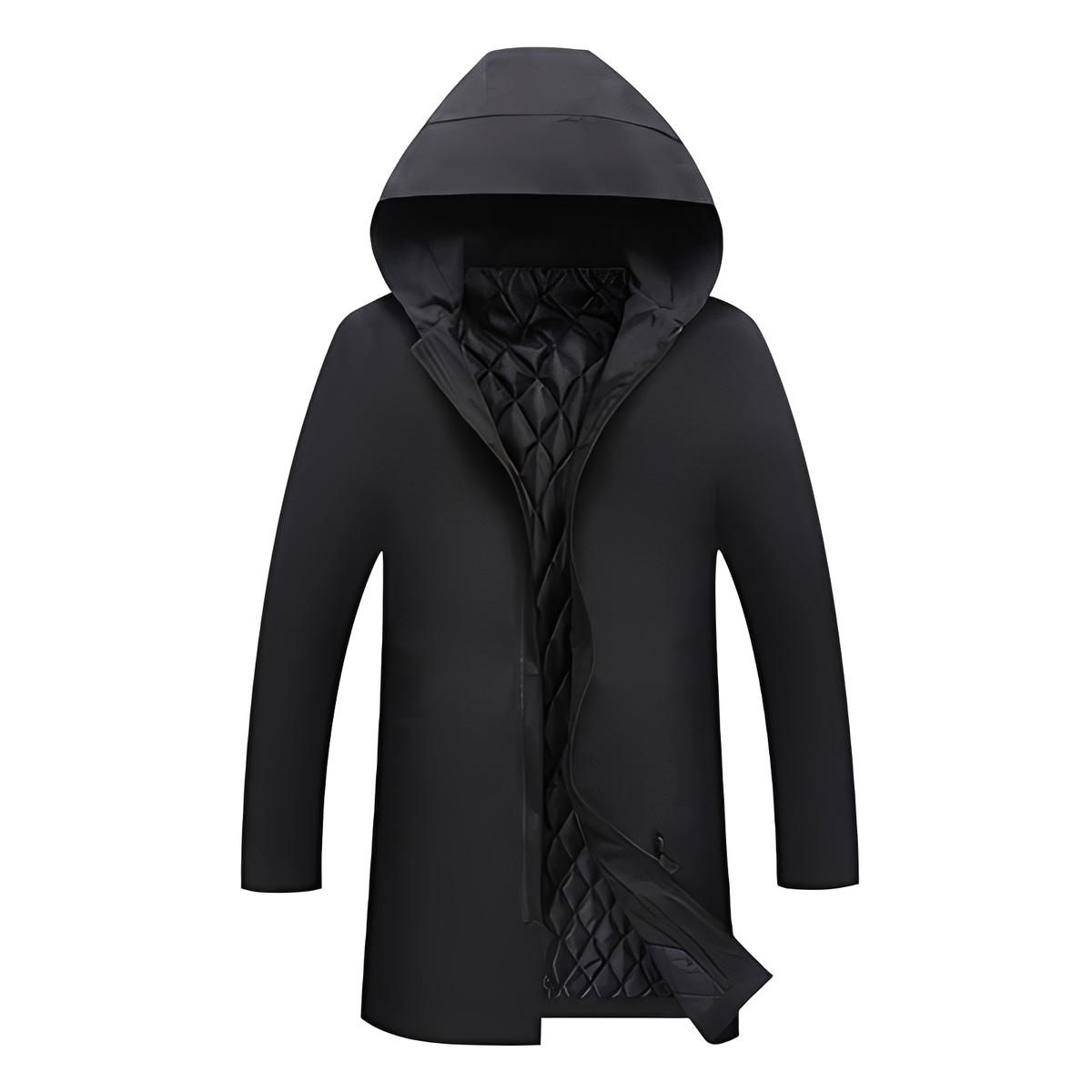 Mantel Herren mit Kapuze, mittellanger Mantel, Regularer Schnitt, Reißverschluss, Fronttaschen, innere Brusttasche, Diamant-Steppung im Innenfutter