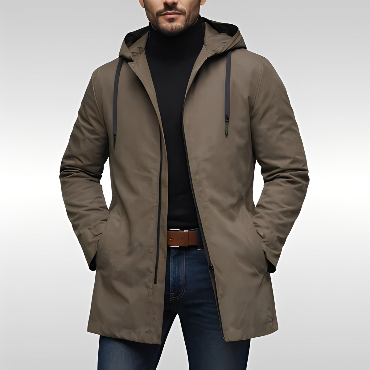 Mantel Herren mit Kapuze, mittellanger Mantel, Regularer Schnitt, Reißverschluss, Fronttaschen, innere Brusttasche, Diamant-Steppung im Innenfutter