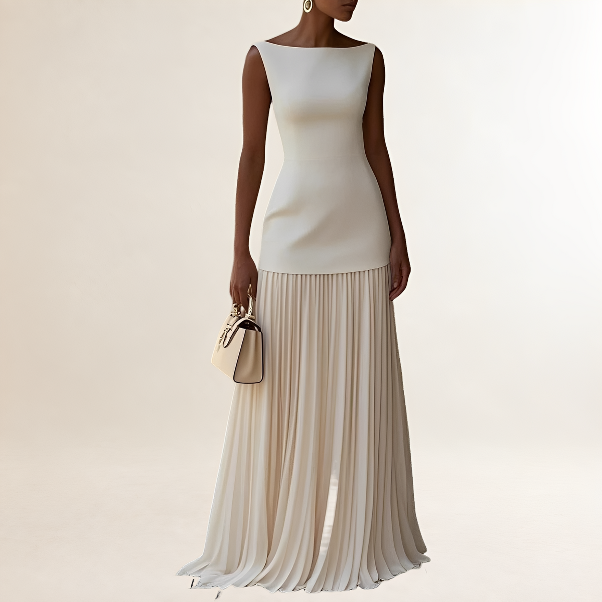 Maxi-Kleid Damen mit Schiff-Ausschnitt, ärmelloses, figurnahes Oberteil und bodenlanger Faltenrock