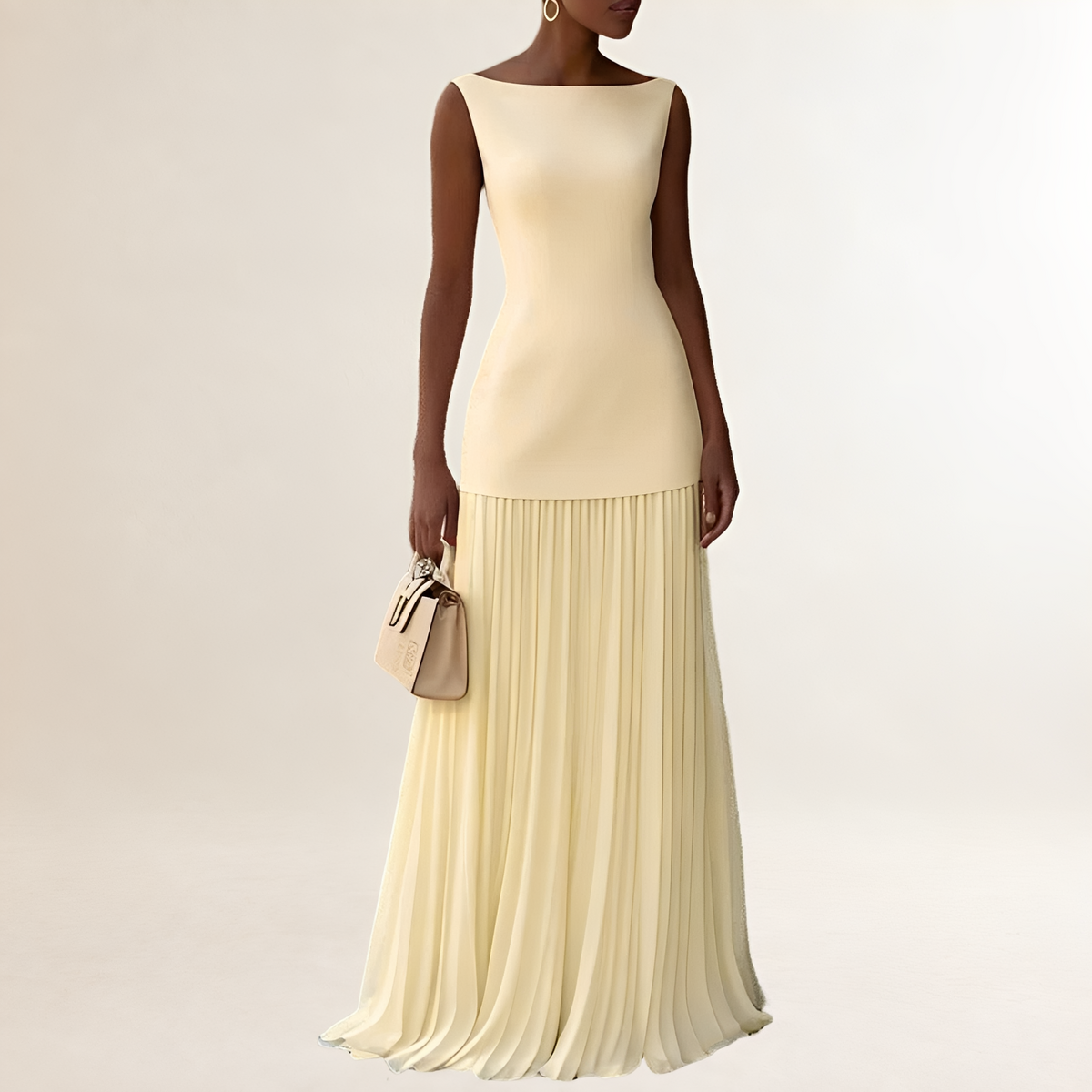 Maxi-Kleid Damen mit Schiff-Ausschnitt, ärmelloses, figurnahes Oberteil und bodenlanger Faltenrock