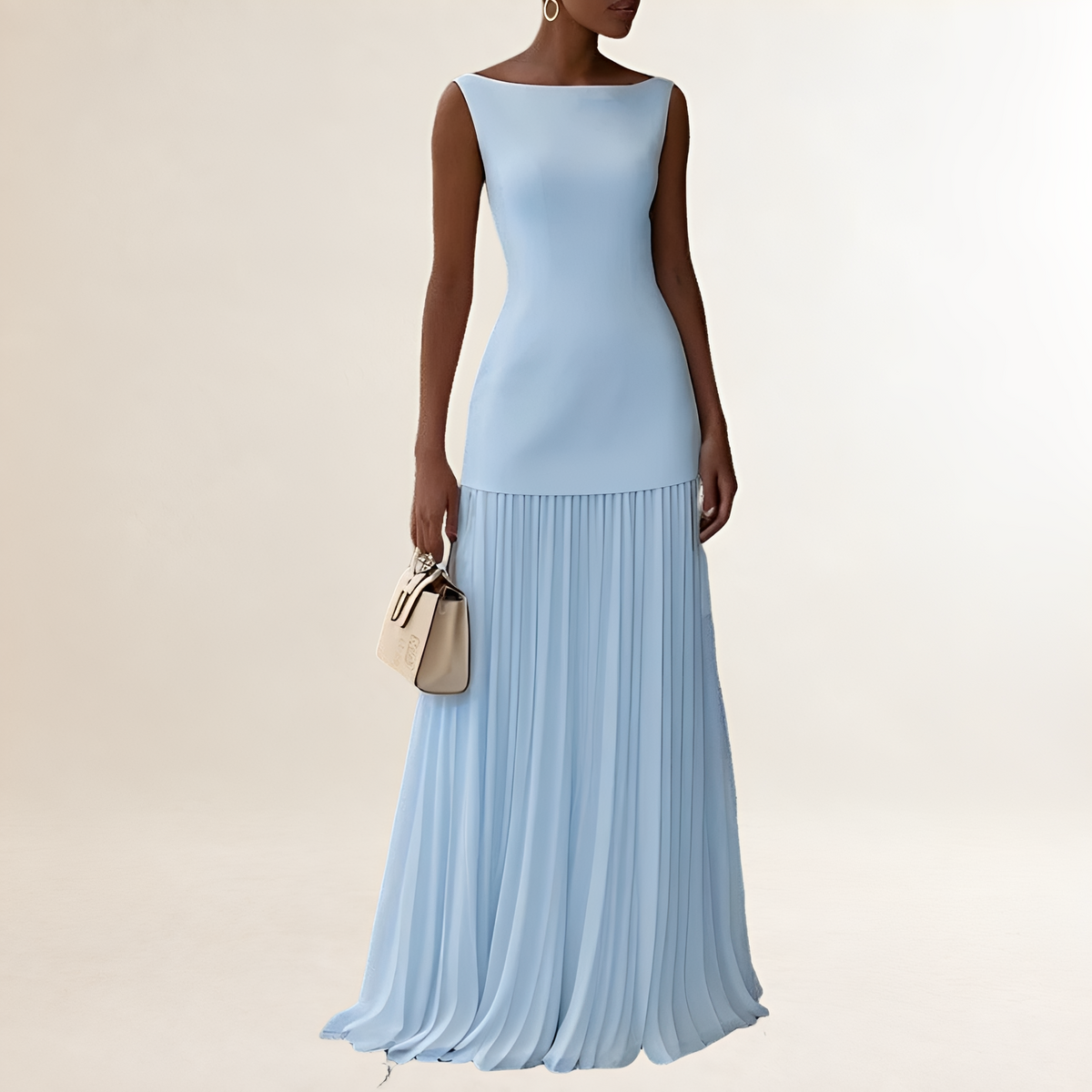 Maxi-Kleid Damen mit Schiff-Ausschnitt, ärmelloses, figurnahes Oberteil und bodenlanger Faltenrock