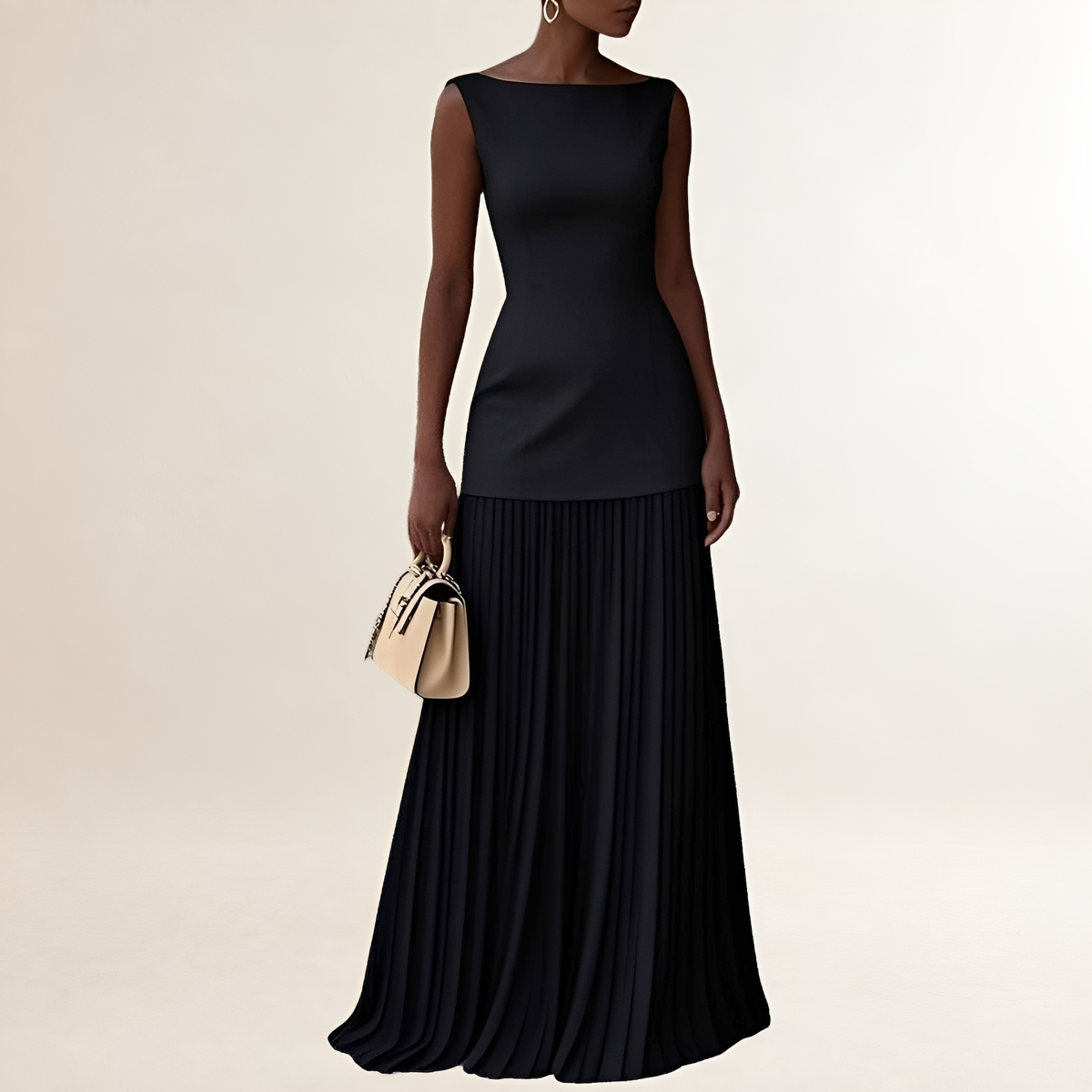Maxi-Kleid Damen mit Schiff-Ausschnitt, ärmelloses, figurnahes Oberteil und bodenlanger Faltenrock