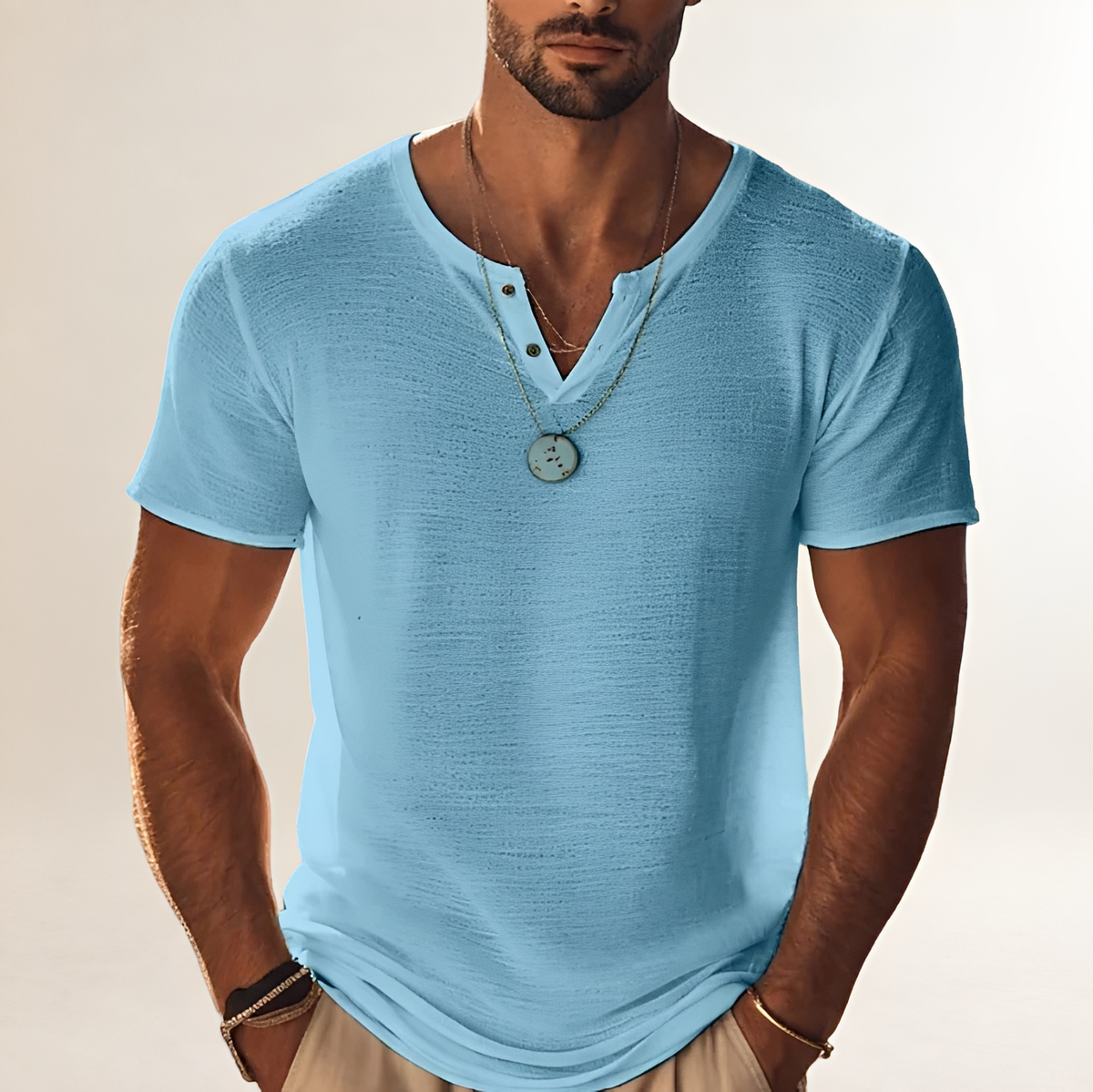 Shirt Herren Henley-Shirt Kurzarm mit Knopfleiste V-Ausschnitt - Texturierte Oberfläche, lockerer Schnitt