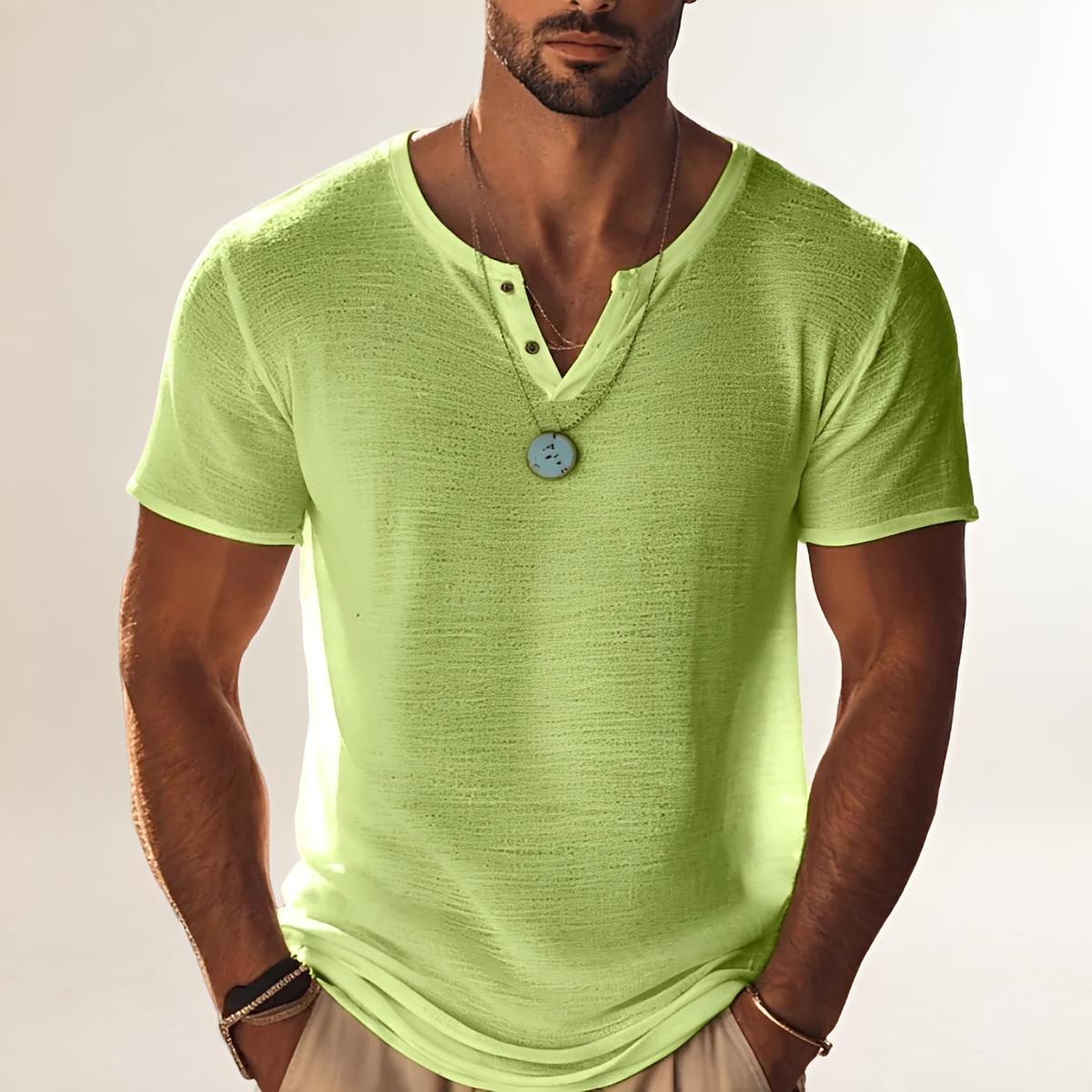 Shirt Herren Henley-Shirt Kurzarm mit Knopfleiste V-Ausschnitt - Texturierte Oberfläche, lockerer Schnitt