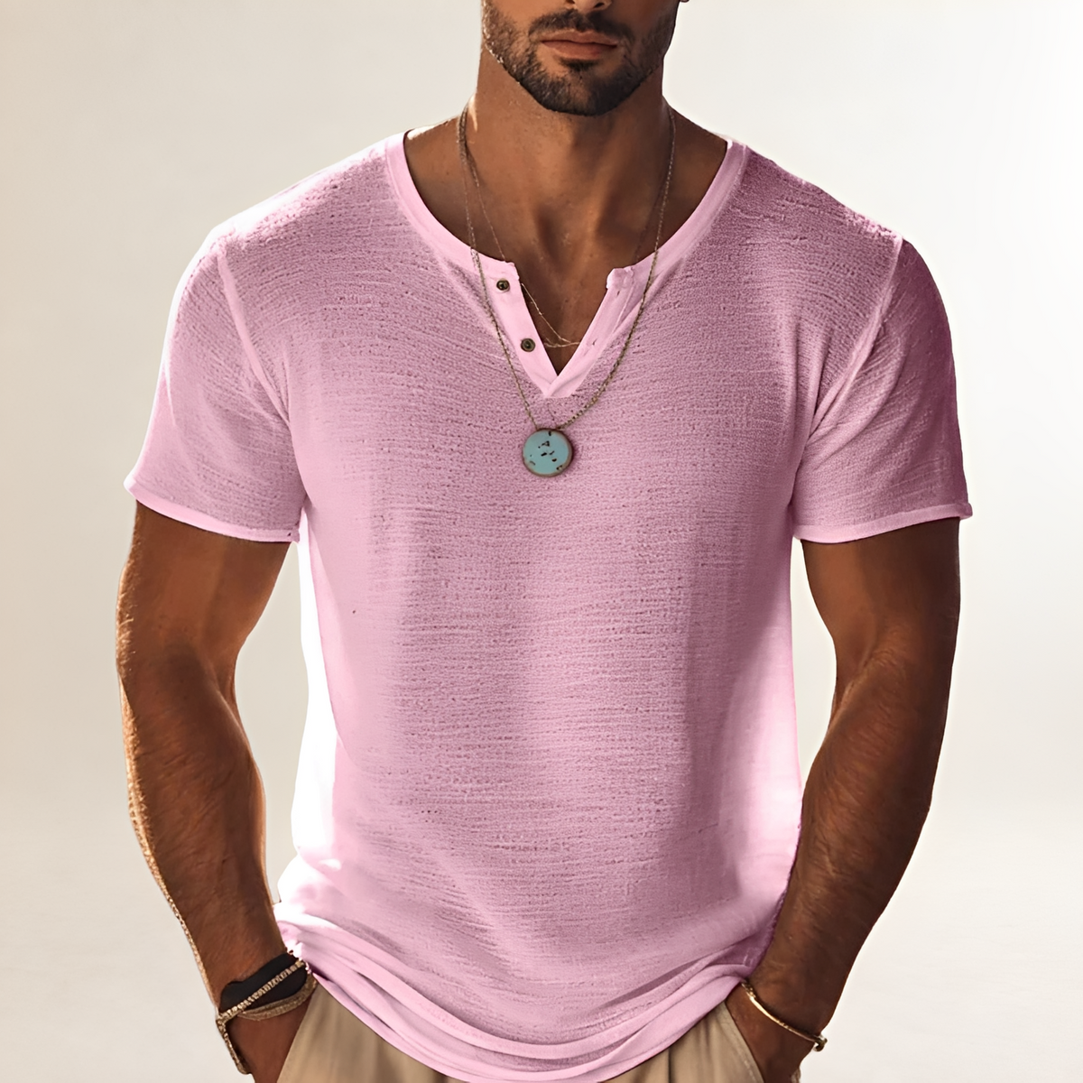 Shirt Herren Henley-Shirt Kurzarm mit Knopfleiste V-Ausschnitt - Texturierte Oberfläche, lockerer Schnitt