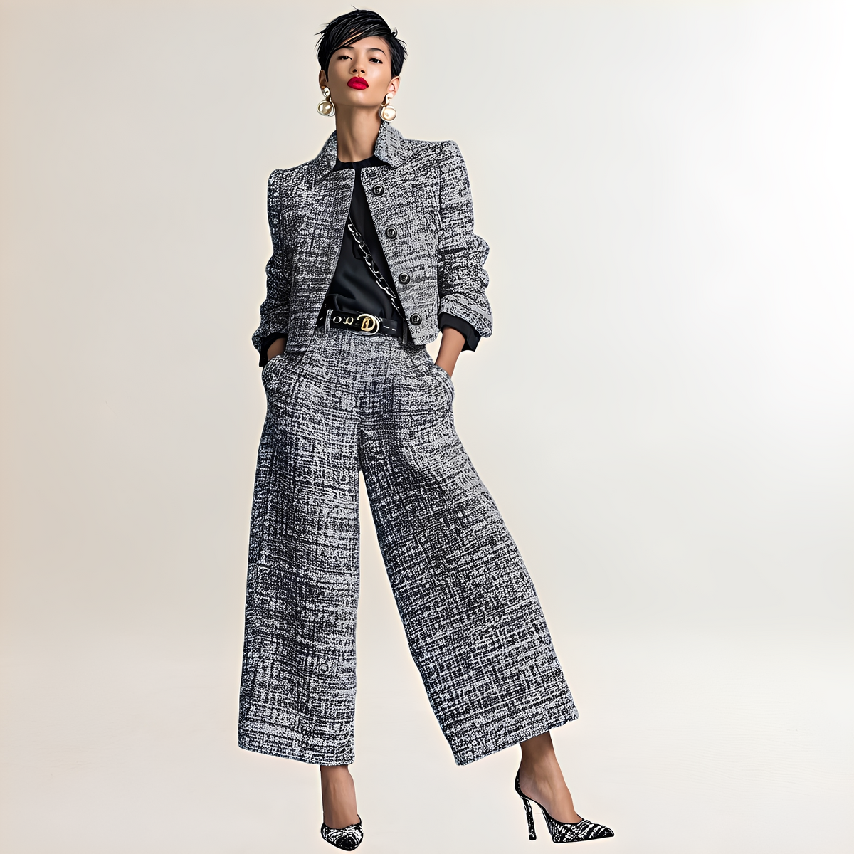 Zweiteiliges Damen-Set: knopffront-Kurzjacke und hoch taillierte Weitbein-Hose