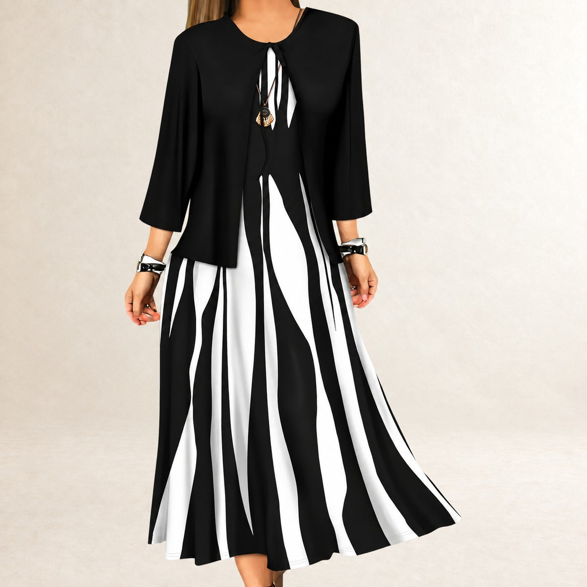 Zweiteiliges Kleiderset Damen – Ärmelloses A-Linien Maxi-Kleid, offene Jacke mit Drei-Viertel-Ärmeln, Wellen-Vertikalstreifen