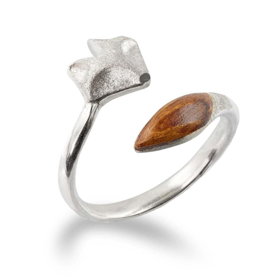 Verstellbarer Holzring - Ring mit Fuchs-Gesicht in Silber