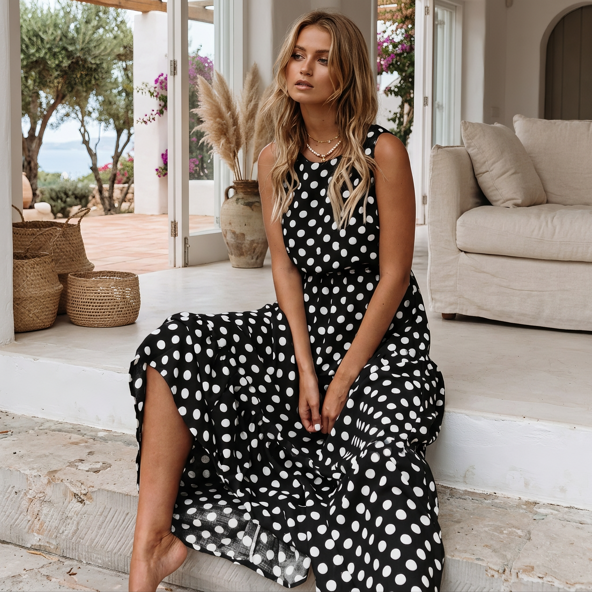Edith - Lockeres ärmelloses Kleid mit Punktedesign