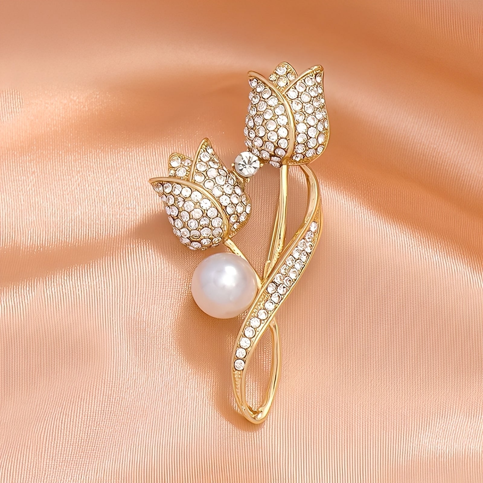 Jackie – Brosche mit goldenem Tulpenmotiv, Zirkonia und Perle, Gold