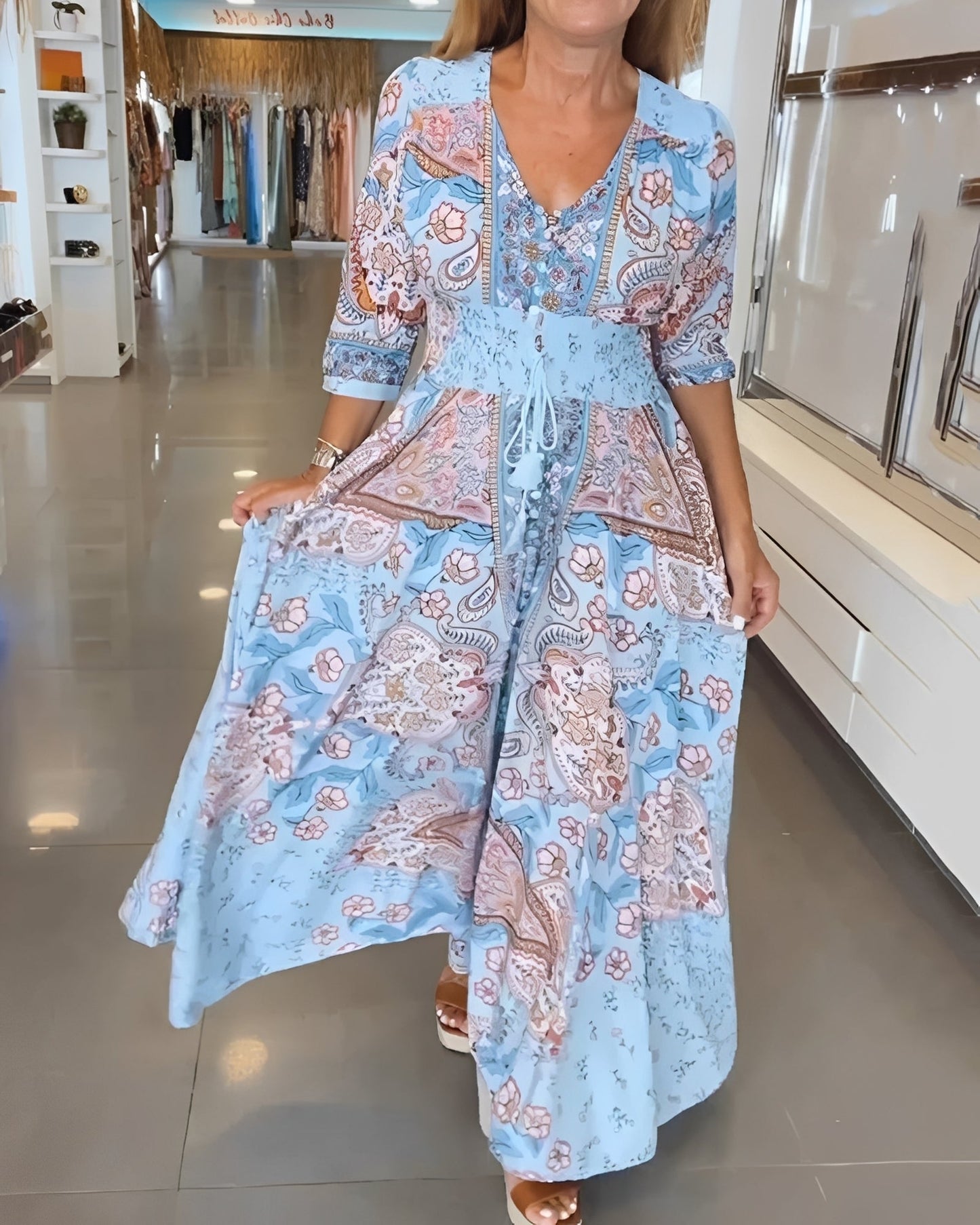 Jasmin - Elegantes Kleid mit V-Ausschnitt und Druck für Frauen