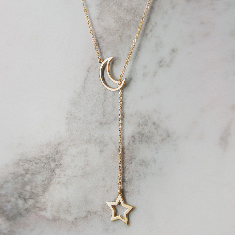 Lariat-Halskette mit Mond und Stern