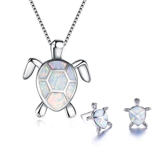 Kailea – Schmuckset mit Opal-Schildkröte und Silber (Halskette + Ohrringe)