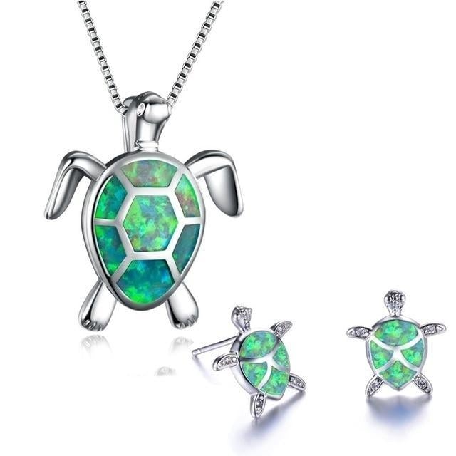 Kailea – Schmuckset mit Opal-Schildkröte und Silber (Halskette + Ohrringe)