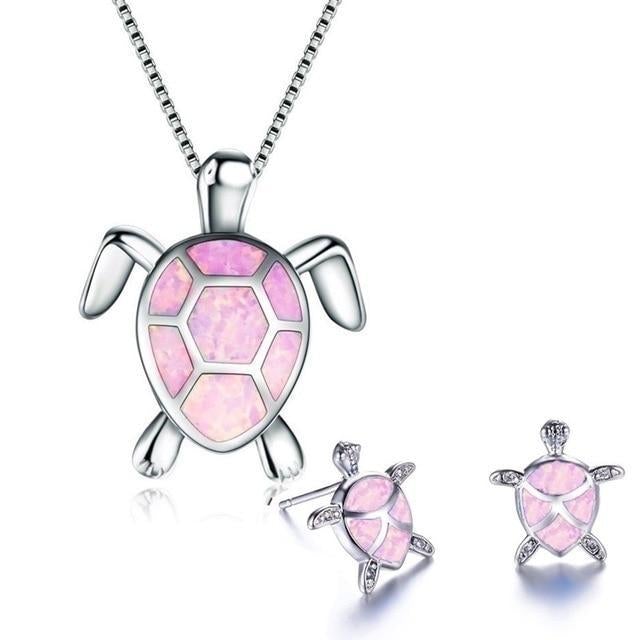 Kailea – Schmuckset mit Opal-Schildkröte und Silber (Halskette + Ohrringe)